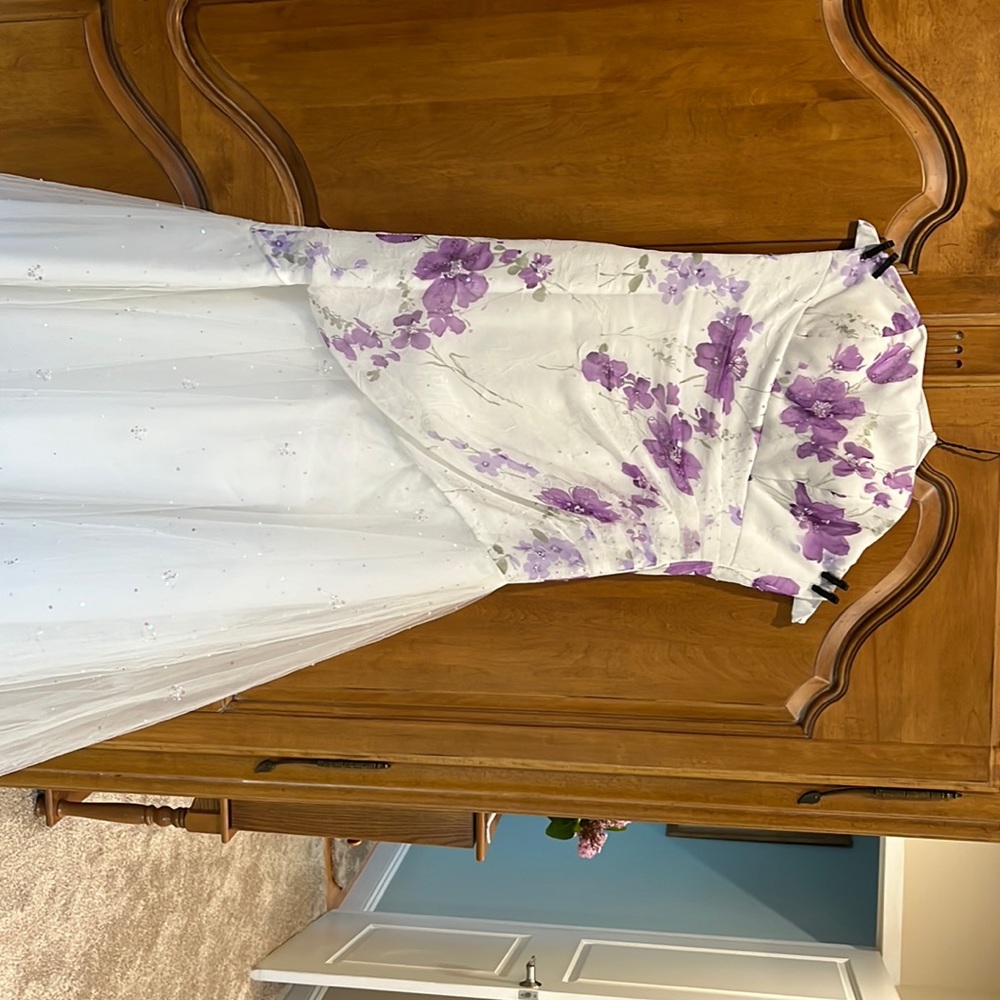 Strapless prom dress white and lilac too tulle bottom with sequins